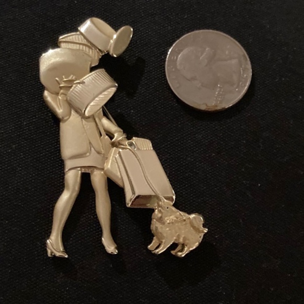 Vintage Brooch - Woman Shopper & Dog